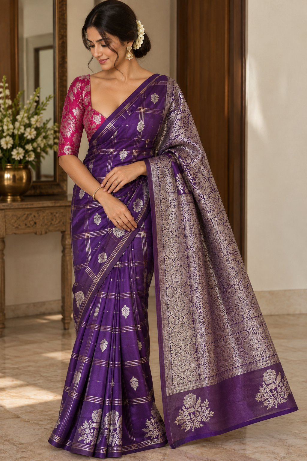 Rich purple Banarsi silk saree with elegant gold floral motifs and rani pink contrast blouse.