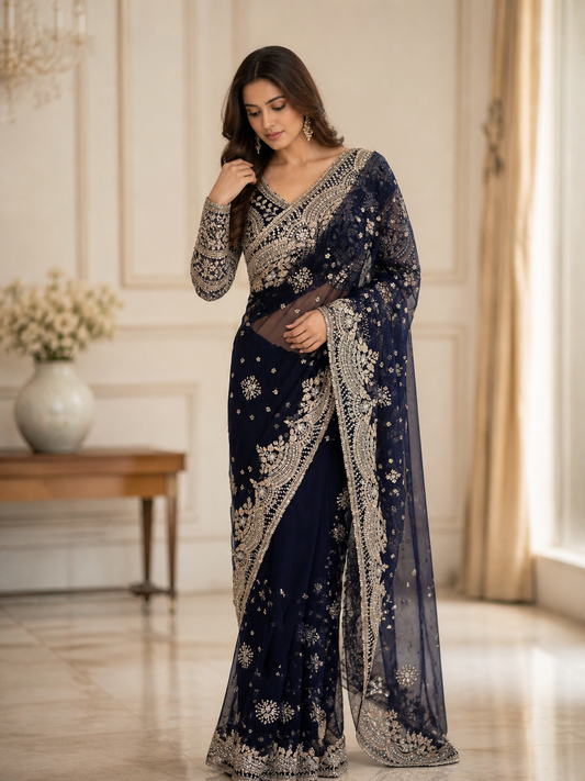 Elegant navy blue designer saree adorned with intricate silver zari embroidery