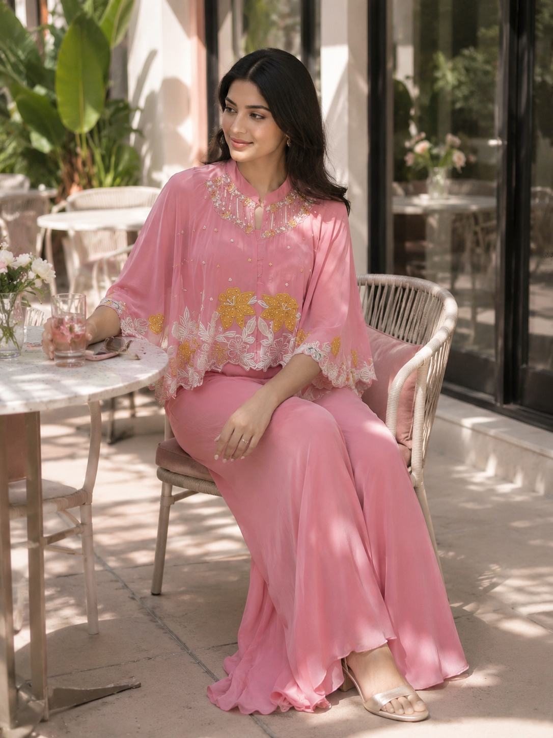 Dreamy pink embroidered indo western dress.