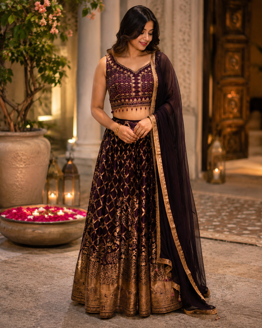 Stunning deep wine purple lehanga set in Banarasi fabric