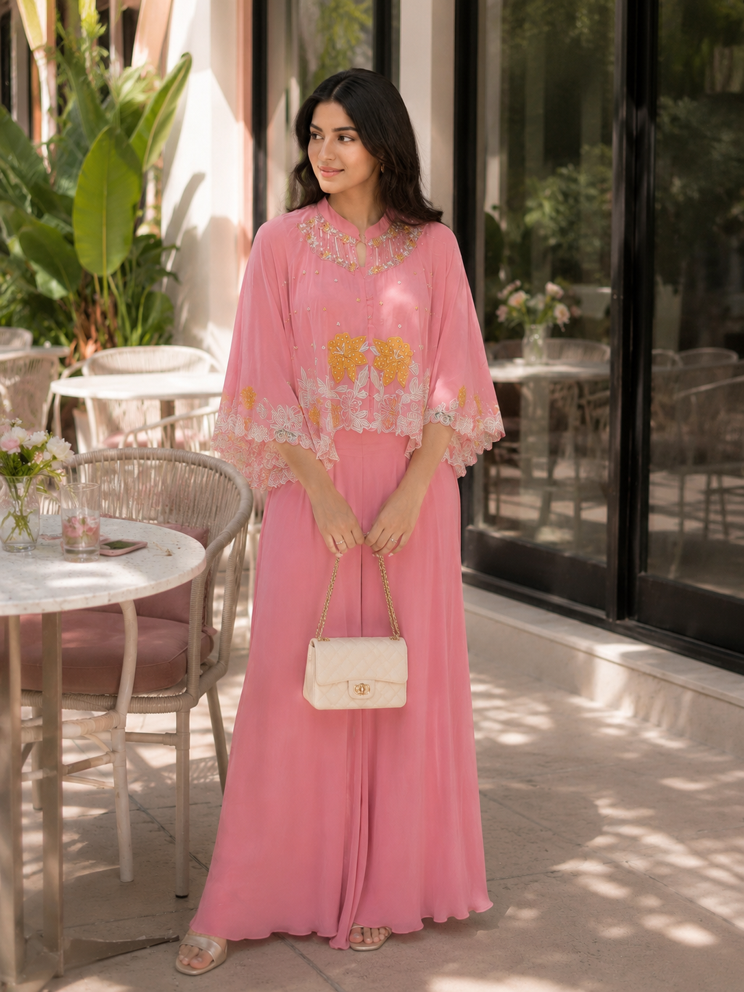 Dreamy pink embroidered indo western dress.