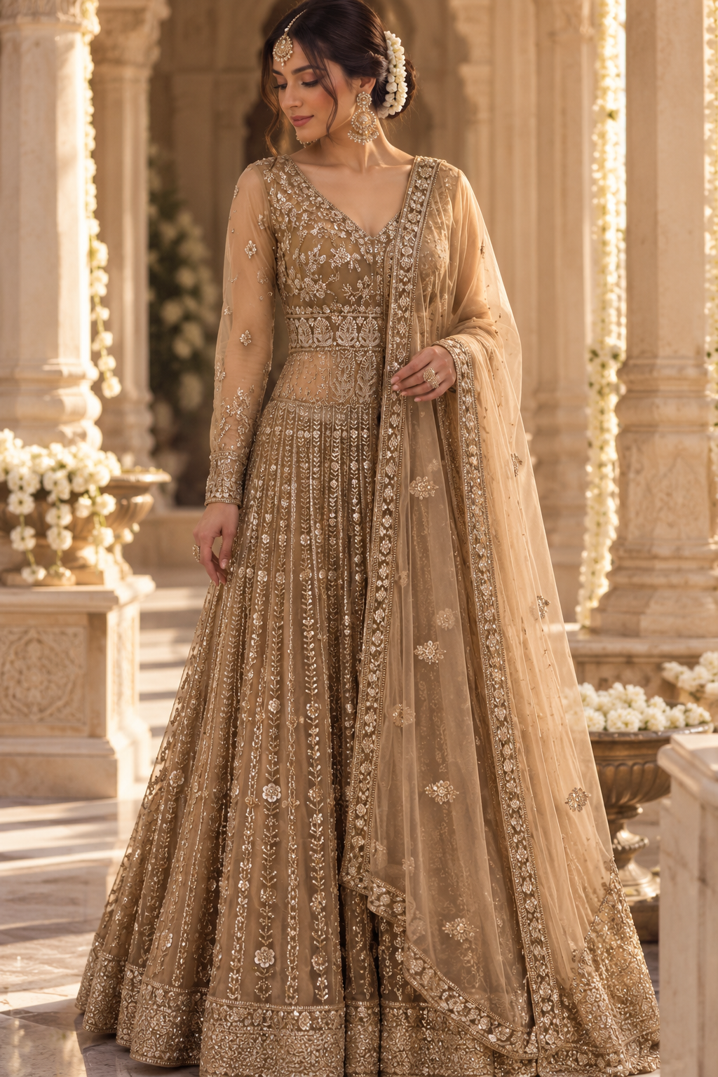 Regal Champagne gold anarkali style lehenga.