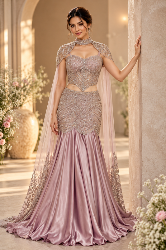 Beautiful Dusty Mauve corset blouse indo western fish cut lehenga with choker neckline and cape.