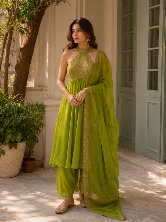 Elegant like green embroidered Anarkali set.