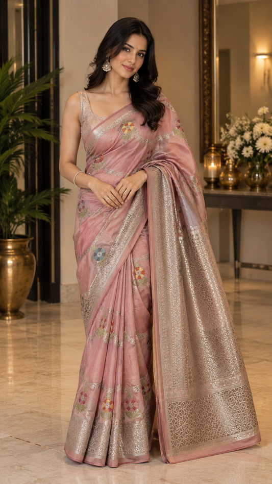Pretty pink Banarsi silk saree with floral motifs