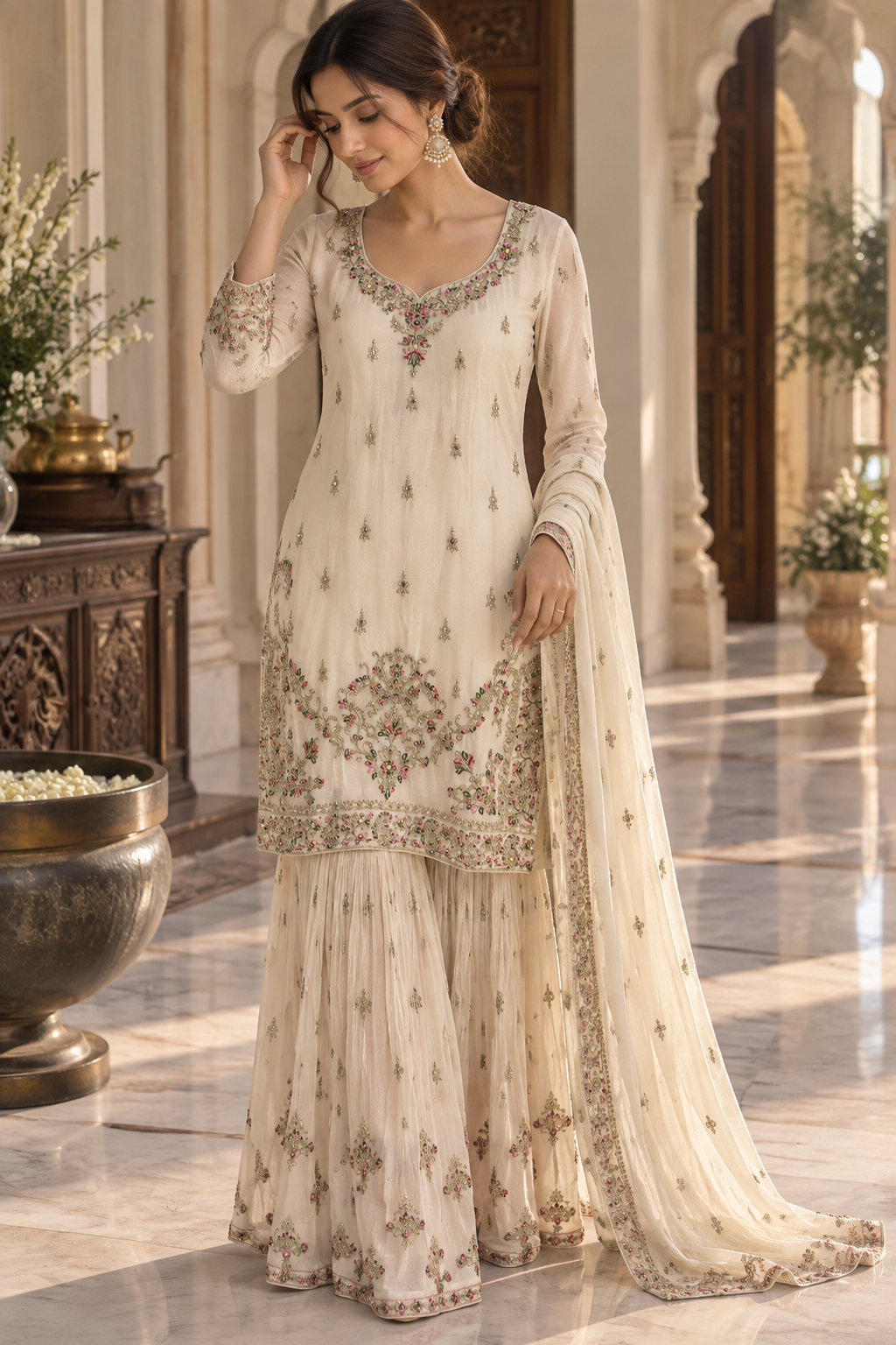 Half white salwar suit with sharara pants and dupatta
