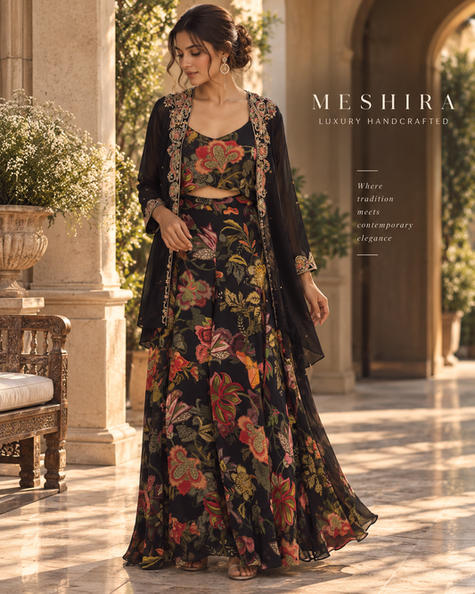 Fabulous floral print indo western jacket set with intricate embroidery work.