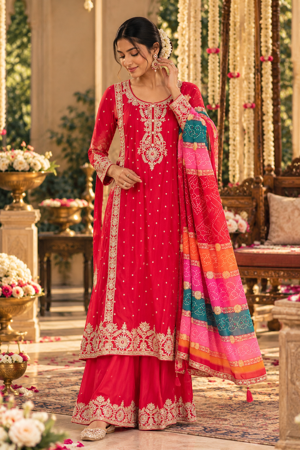 Regal and Radiant red sharara set with intricate embroidery work.