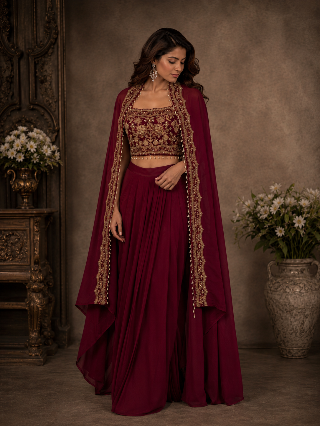 Majestic maroon indo western set.