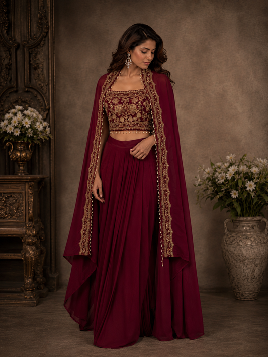 Majestic maroon indo western set.