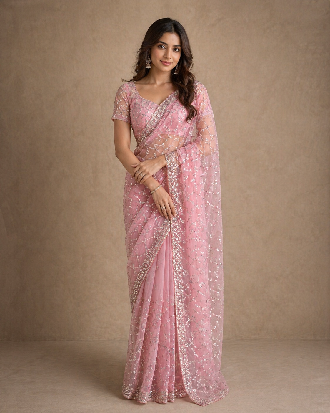 Soft blush pink designer saree.
