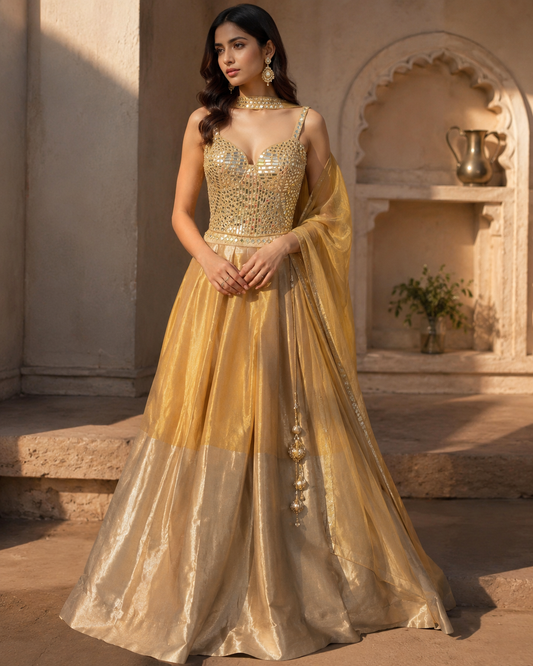 Radiate elegant Golden Corset Lehenga with Mirror Work.