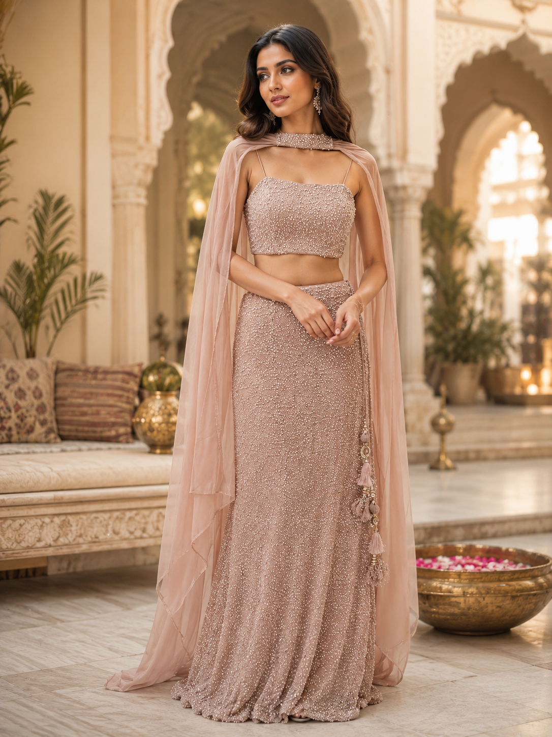 Beautiful Blush pink indo western lehenga dress with pearl beaded work.