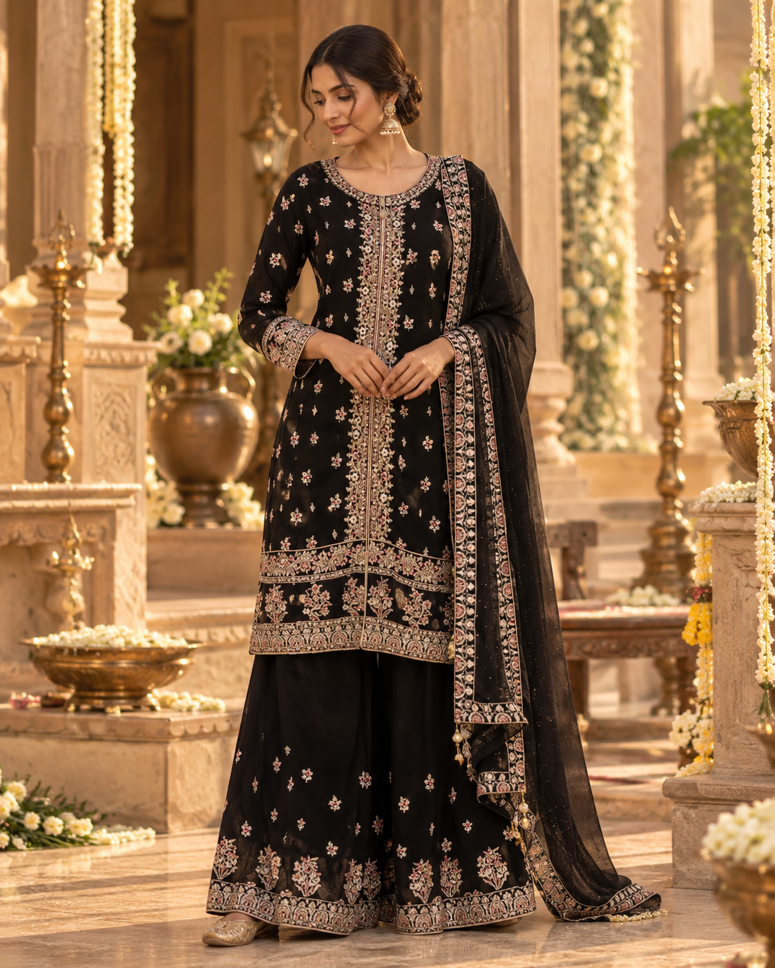 Beautiful black Salwar Suit with intricate embroidery work and paired with sharara pant and dupatta