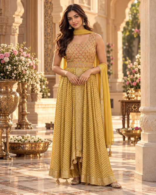 Radiant yellow anarkali suit with intricate embroidery work paired with dupatta