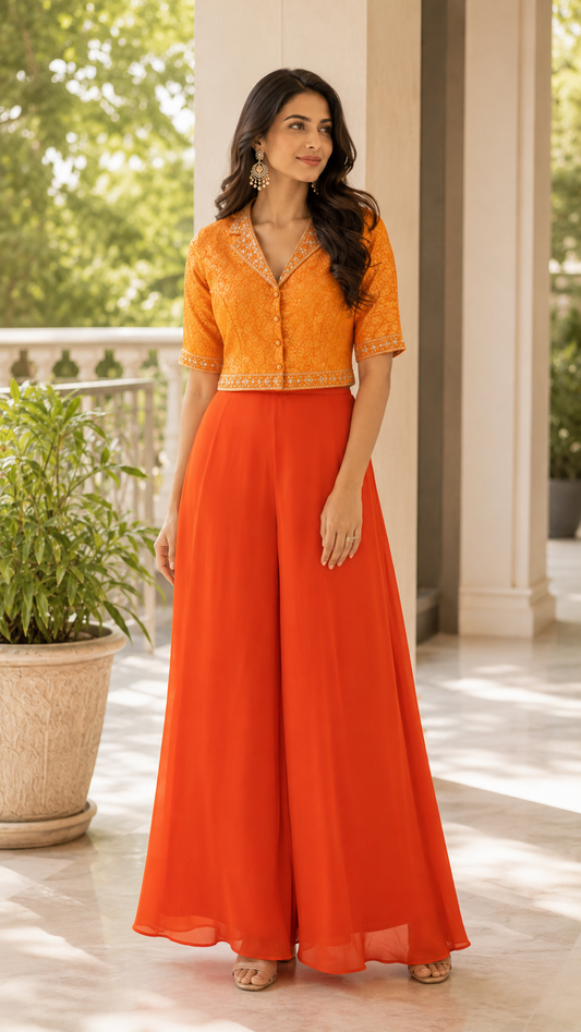 Vibrant orange Indo western outfit with Banarasi top.