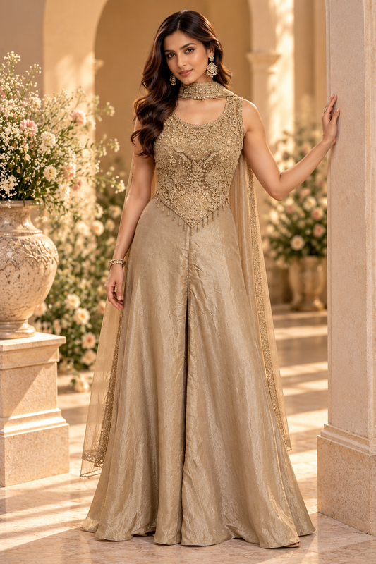 Gorgeous Golden indo western dress with palazzo pants and dupatta