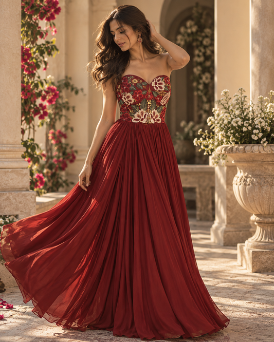 Stunning Maroon StraplessGrown with floral embroidered corset body.