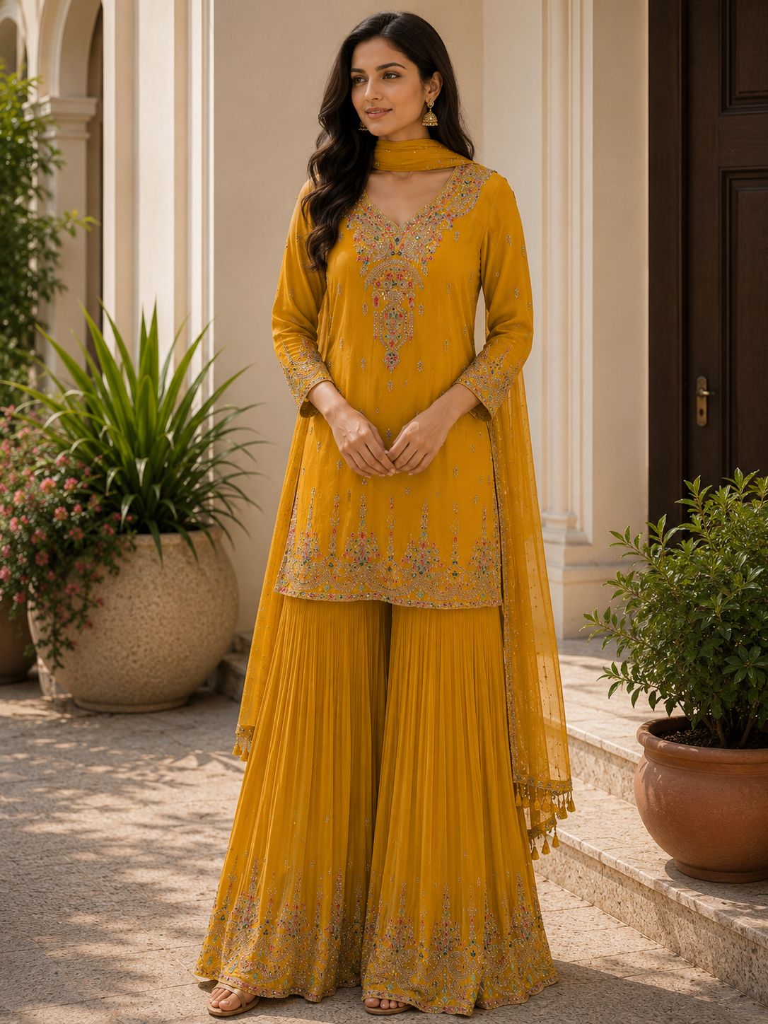 Majestic Mustard embroidered sharara set