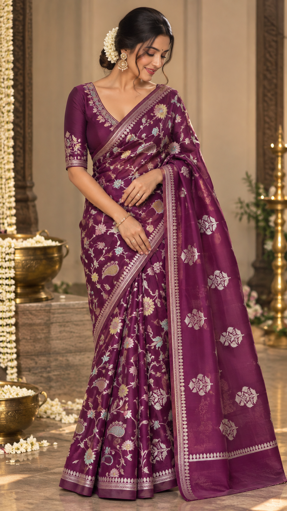 Elegant Wine shade banarasi silk saree with gold motifs