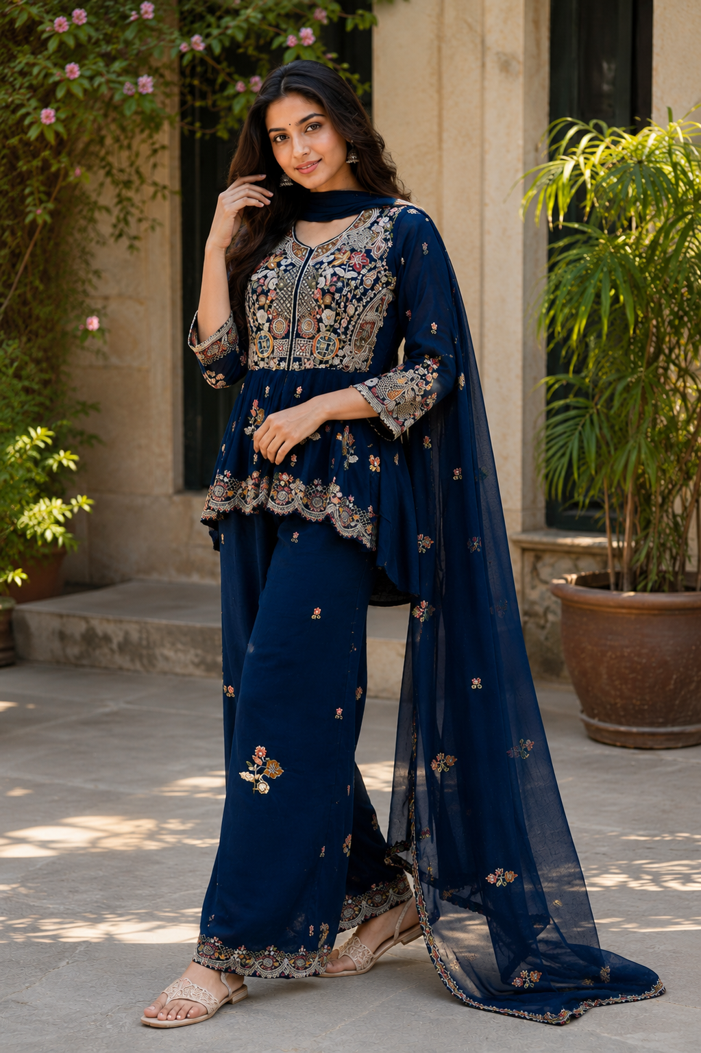Stunning navy blue embroidered Indo western suit