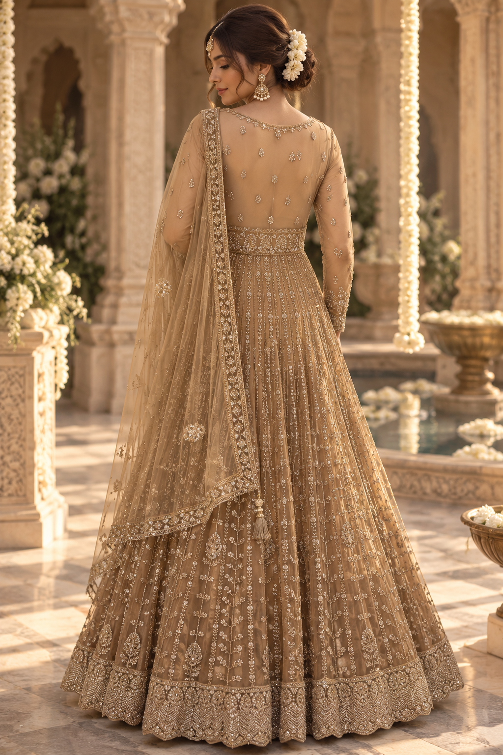 Regal Champagne gold anarkali style lehenga.
