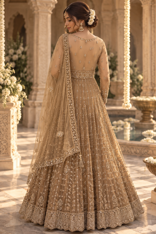 Regal Champagne gold anarkali style lehenga.