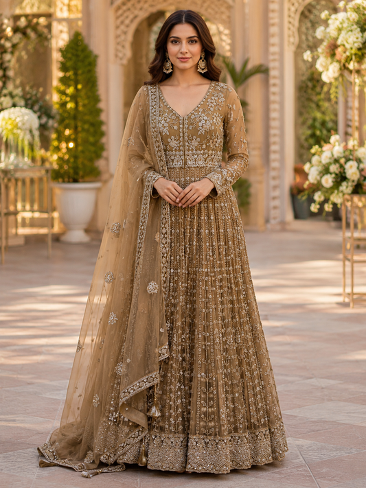 Beautiful Golden Brown Anarkali Set