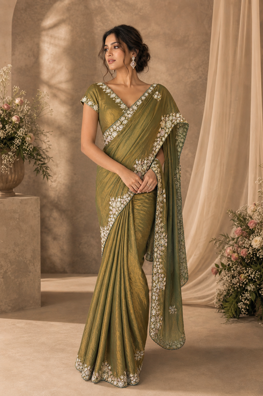 Stunning olive green designer saree with white floral embroidery