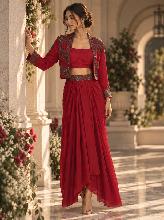 Elegant deep-red Indo-Western Dress jacket set with intricate embroidery.