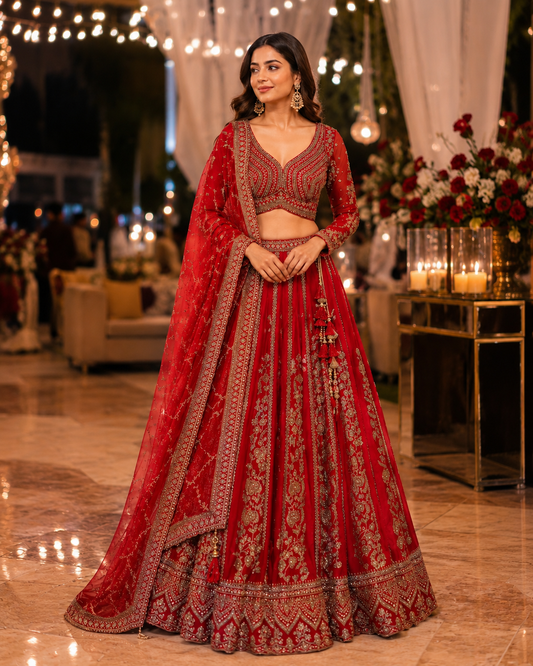 Regal red bridal lehanga with embroidery