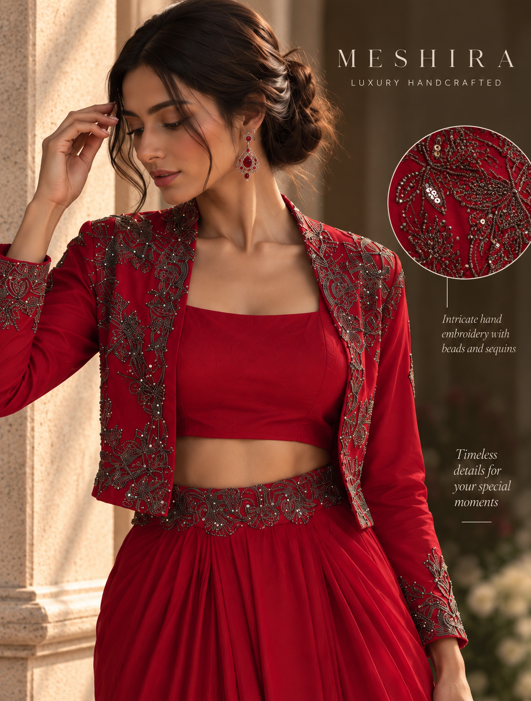 Elegant deep-red Indo-Western Dress jacket set with intricate embroidery.