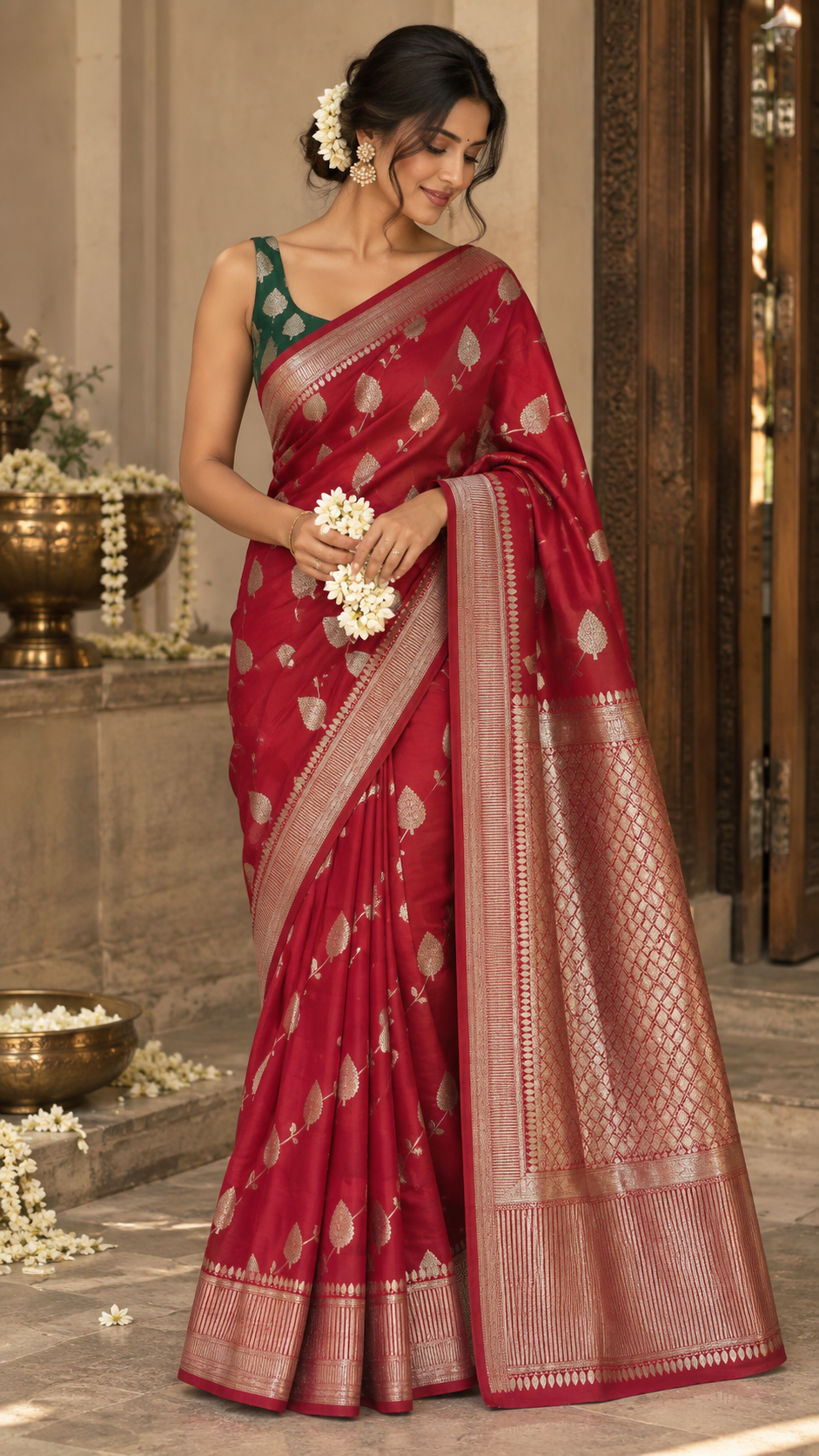 Vibrant red banaras silk saree with gold motifs