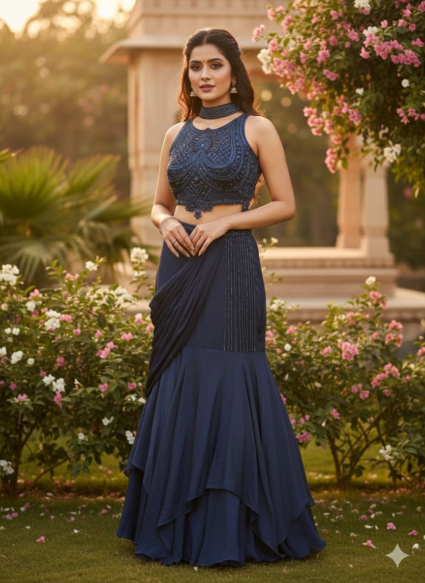 Elegant navy blue designer fosh cut lehenga set