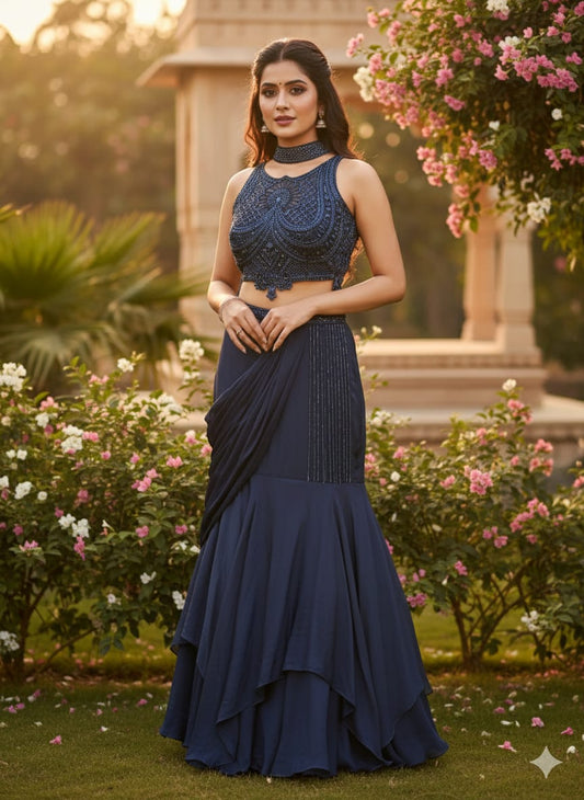 Elegant navy blue designer fish cut lehenga set