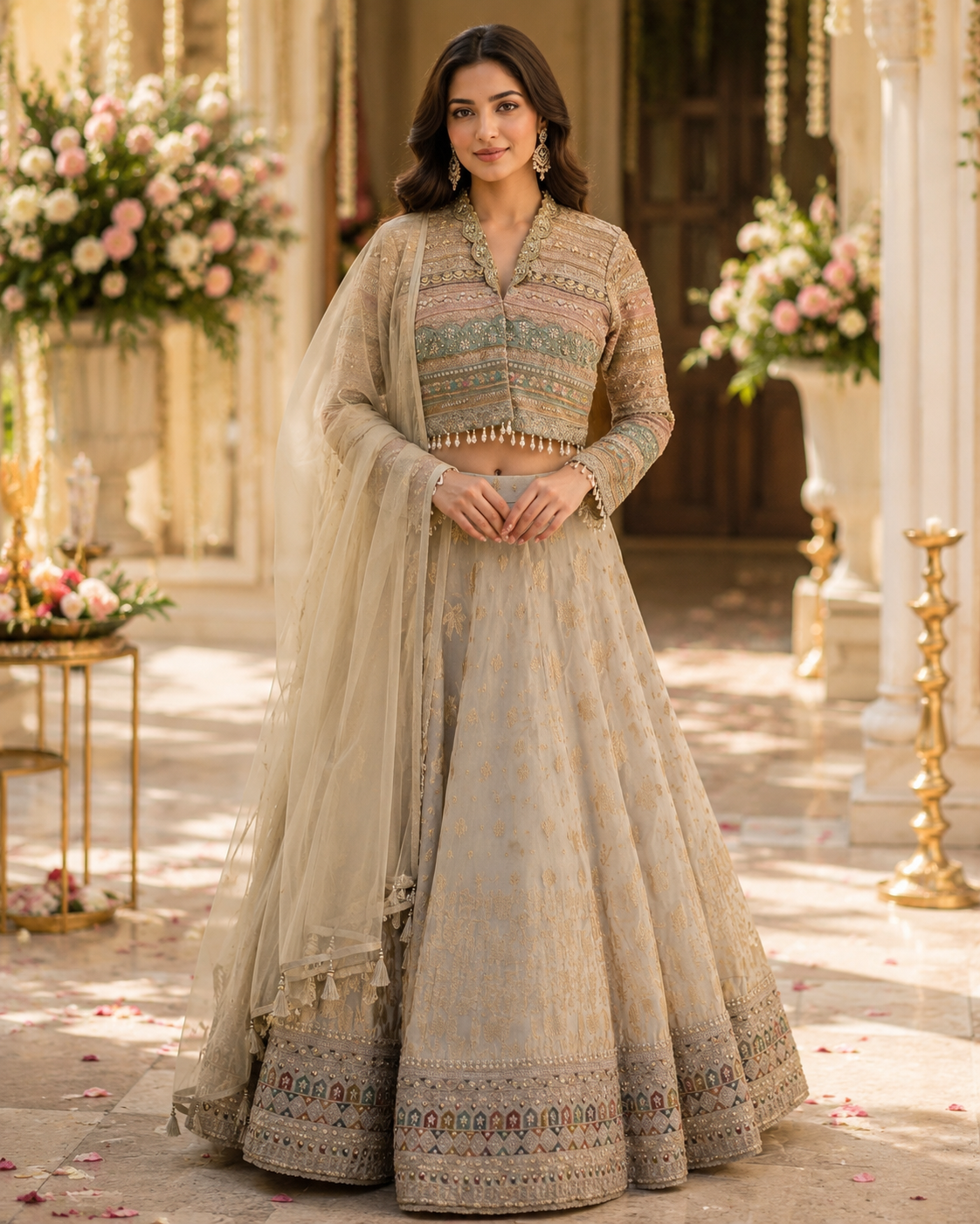 Elegant ivory coat style lehanga set.