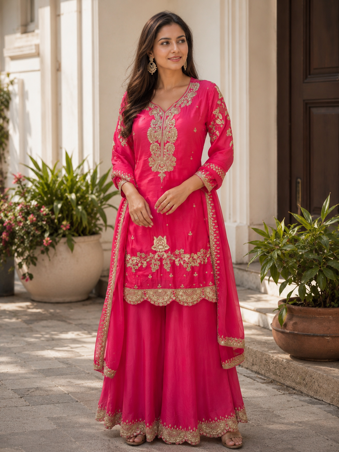 Vibrant pink embroidered sharara set