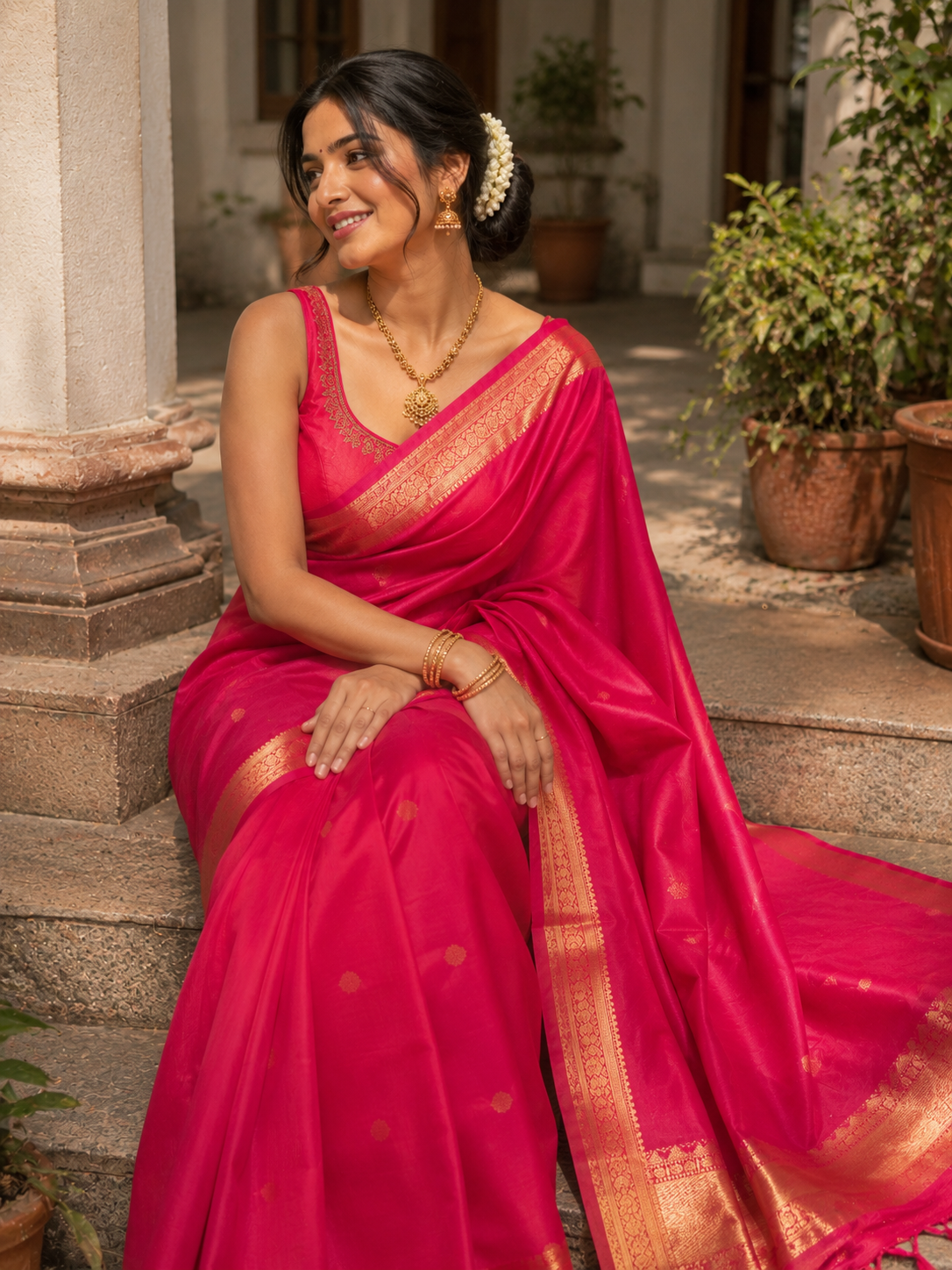 Radiant pink Kanchipuram silk saree.