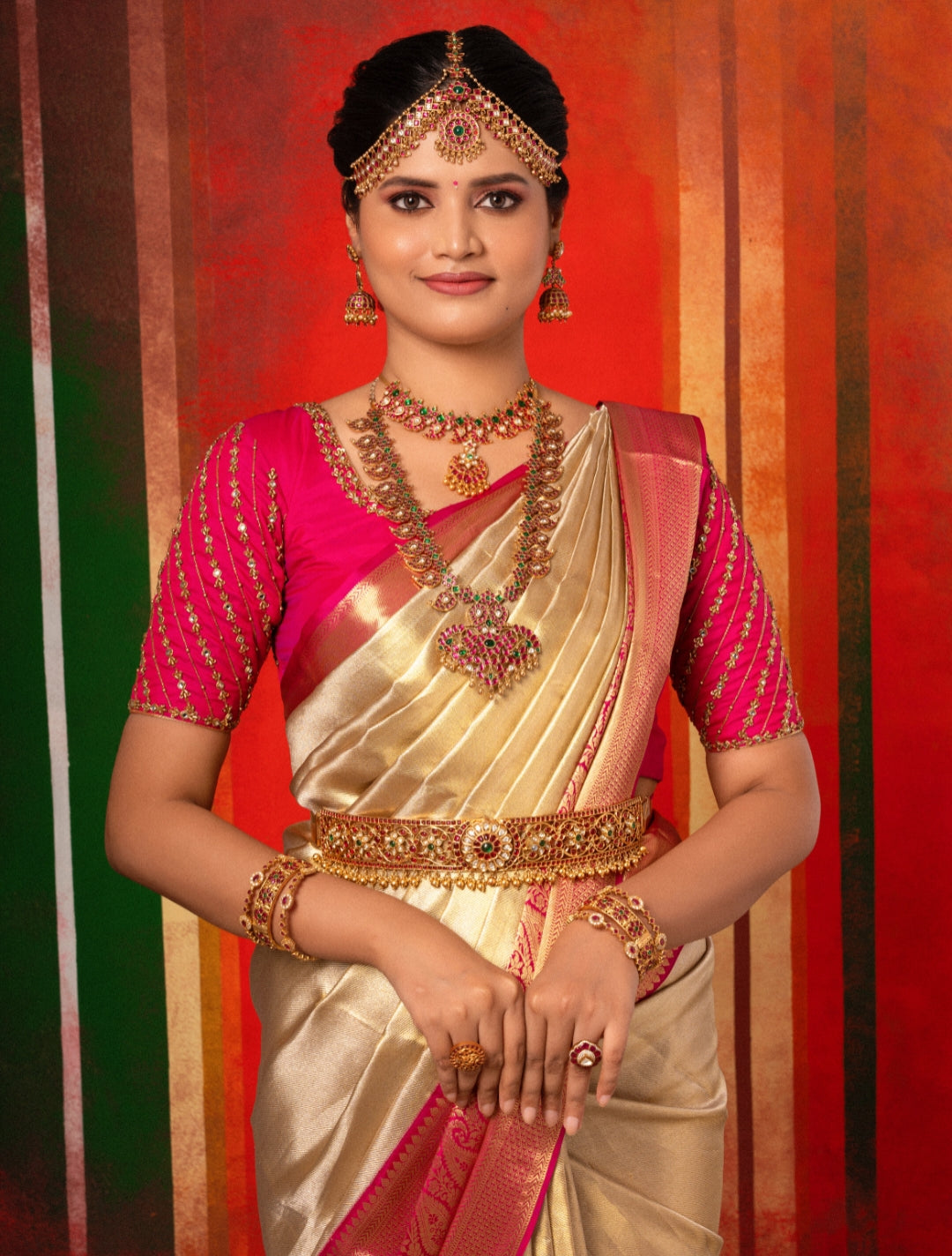 Gorgeous gold bridal Kanchipuram silk saree.