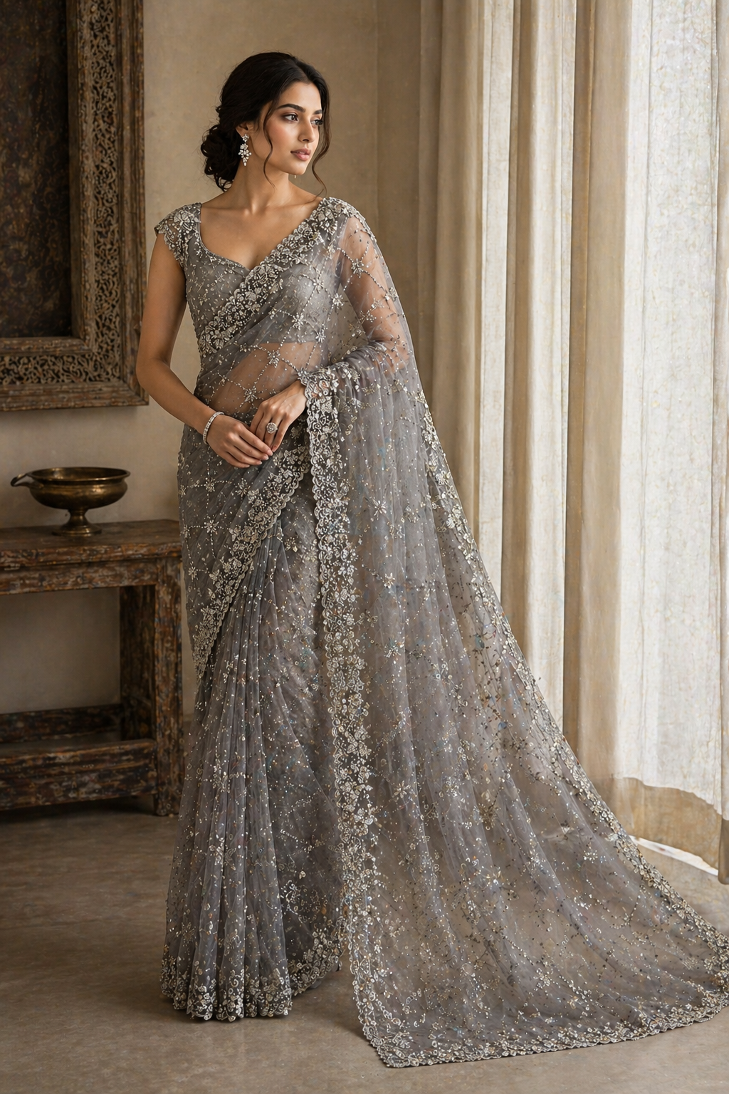 Elegant elephant grey net designer saree with intricate silver embroidery