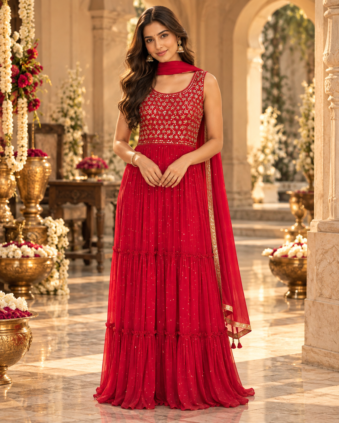 Vibrant red anarkali with dupatta.