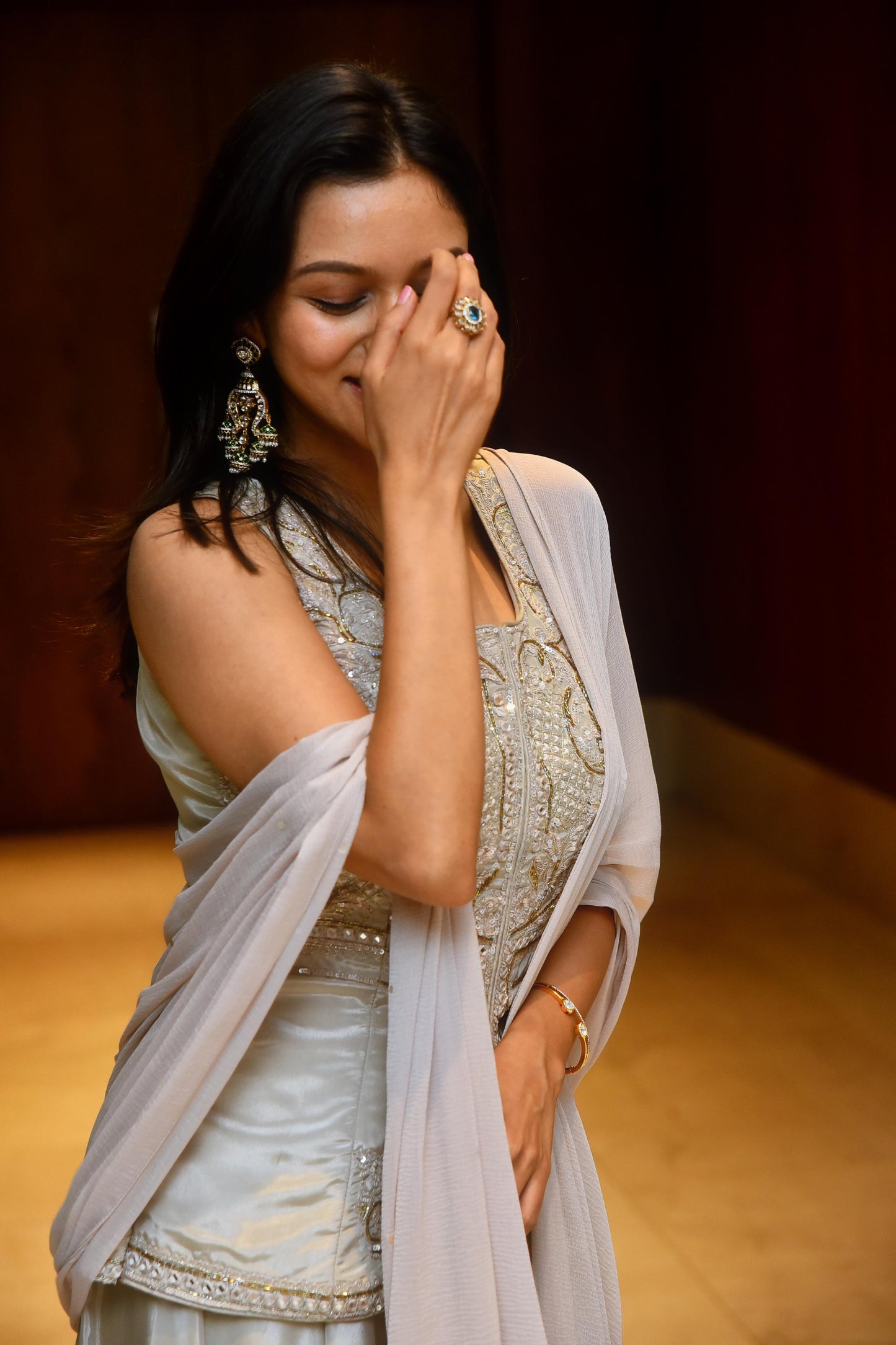 Ethereal Soft silver grey corset top and drape skirt dress.