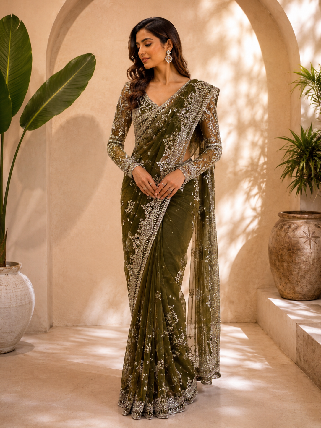 Olive green designer saree