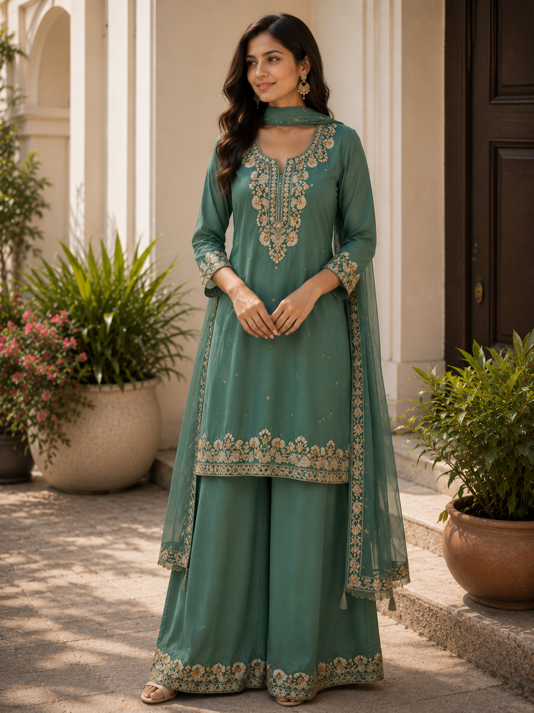 Beautiful Teal green embroidered sharara set.