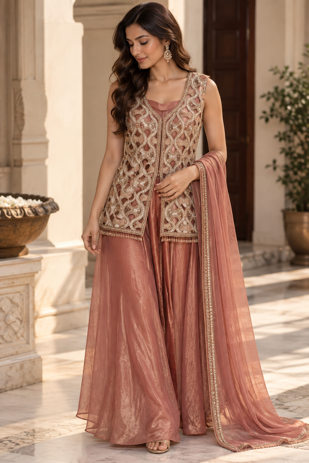 Rose Gold cut work indo western With Jacket Sharara Set