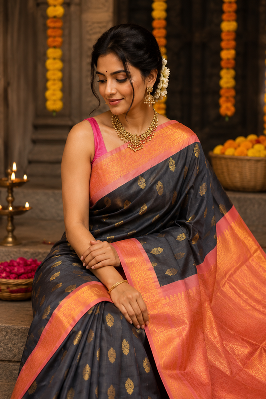 Charcoal Black with pink Kanchipuram silk saree