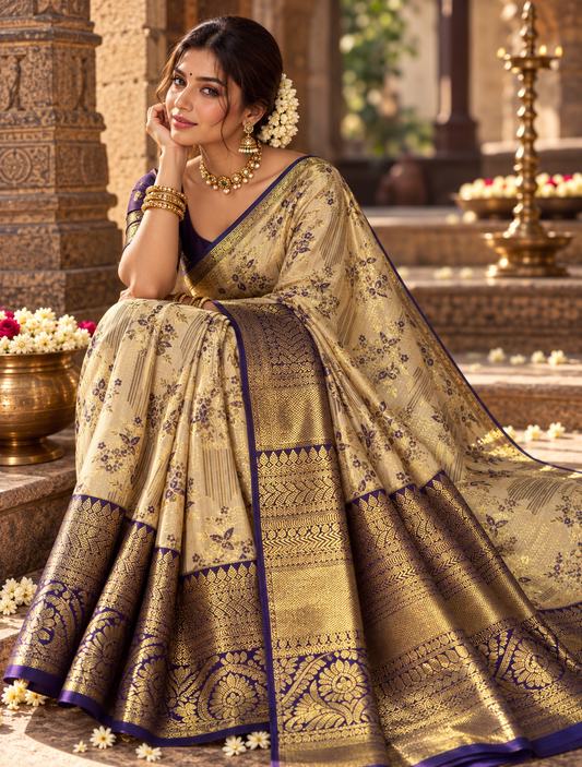 Classic cream and purple Kanchivaram silk saree with floral motifs and intricate zari work