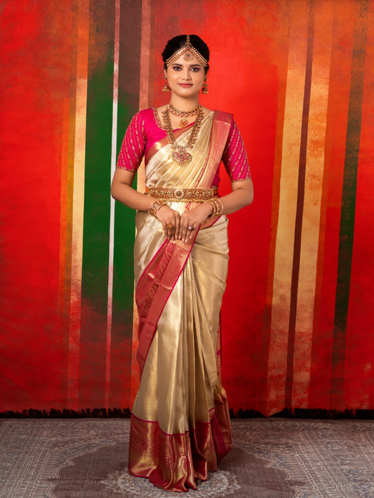 Gorgeous gold bridal Kanchipuram silk saree.