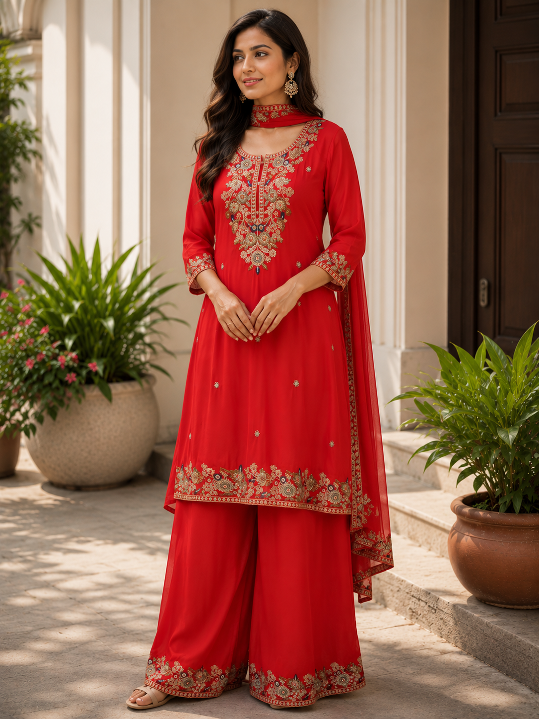 Classic red embroidered sharara set