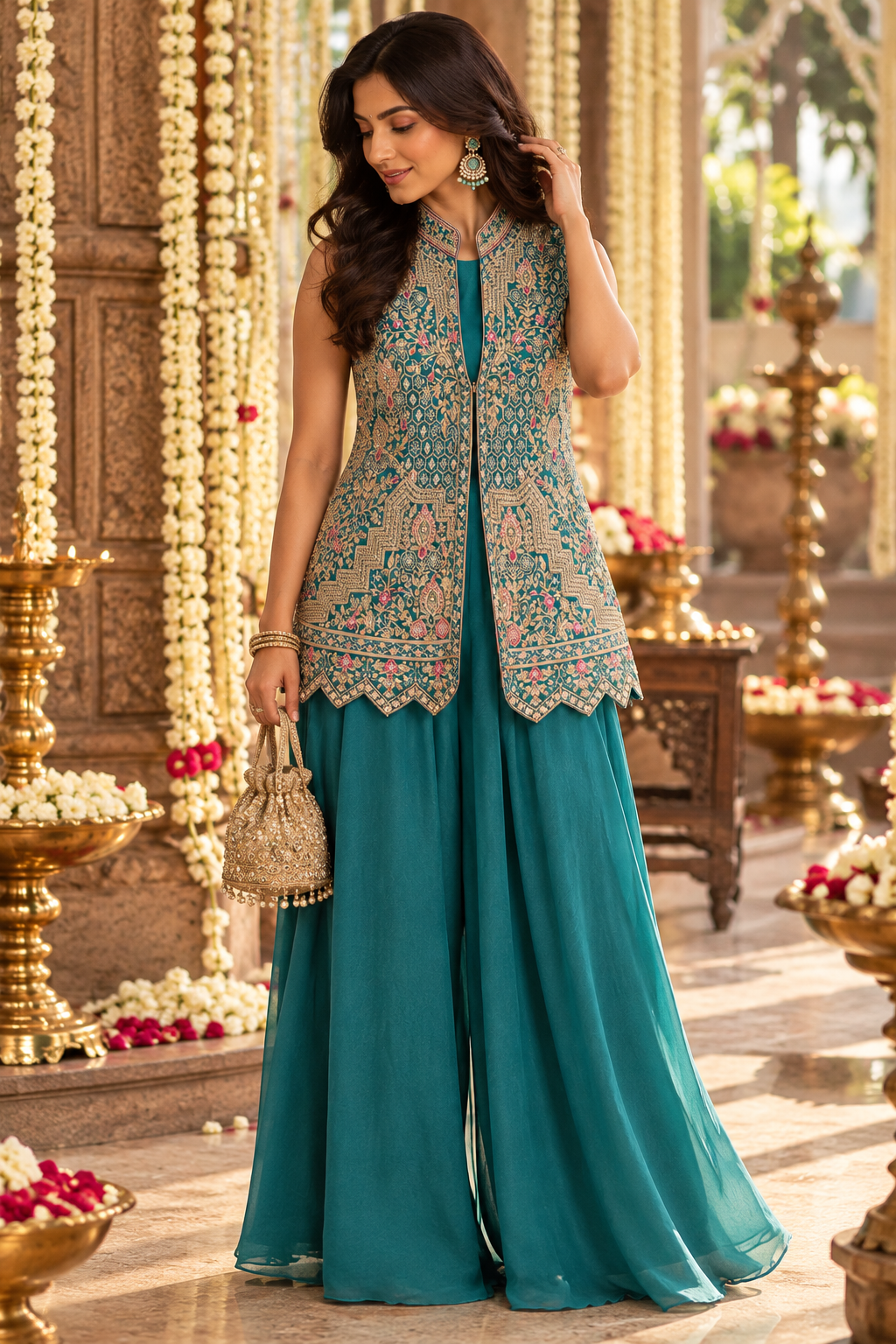 Elegant Teal indo western dress with palazzo pant and jacket set